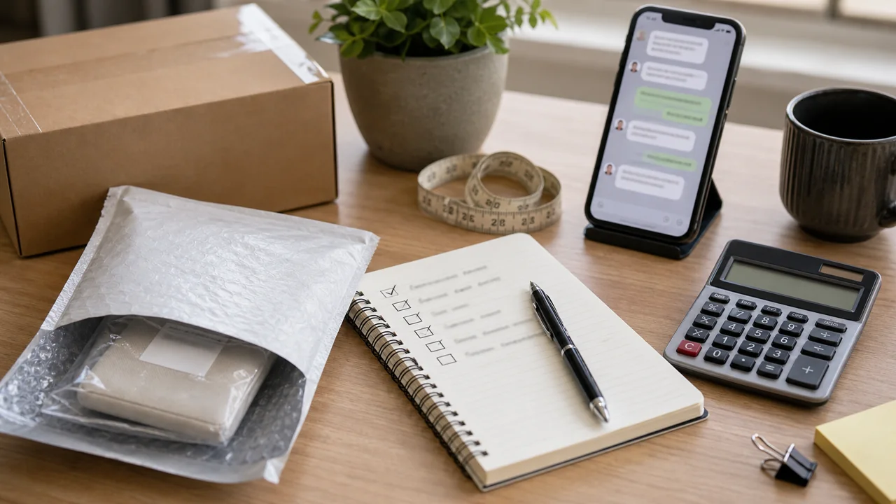 Envelope com amostra, checklist simples, fita métrica, celular e calculadora