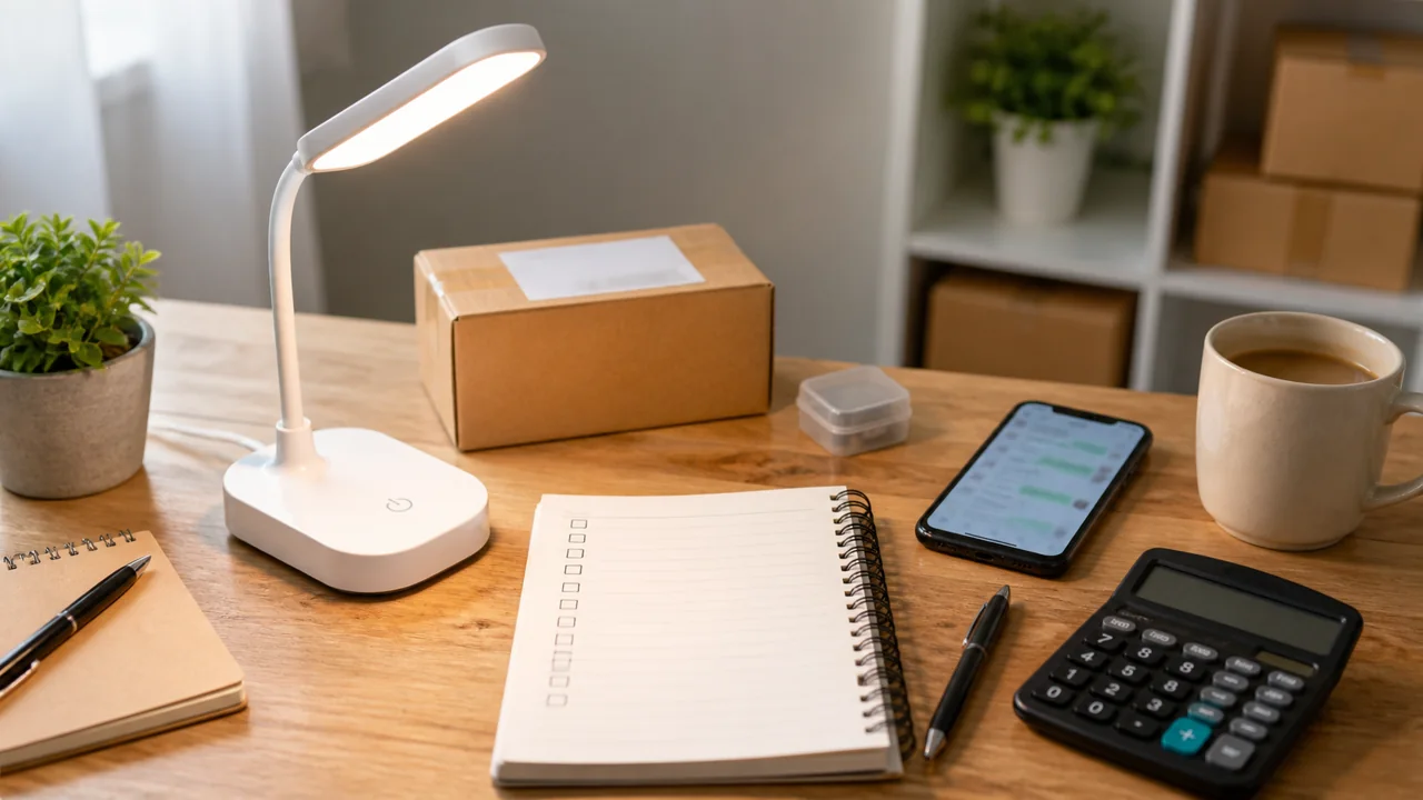 Luminária pequena acesa ao lado de caderno, calculadora e caixa de envio