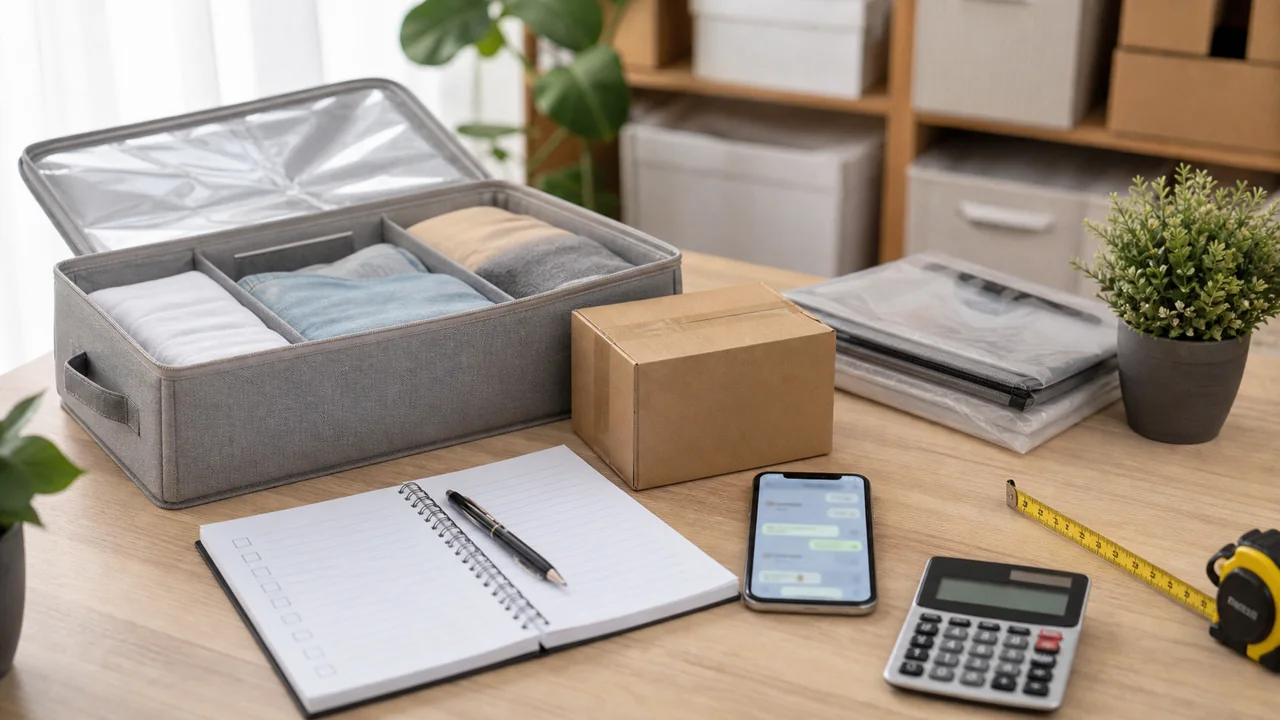 Organizador dobrável sobre mesa com checklist, celular e caixa pequena