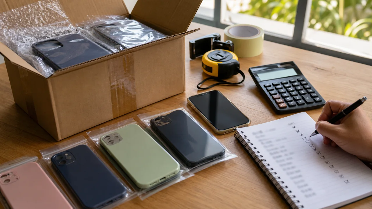 Capinhas de celular em pequena quantidade com caixa, celular e checklist simples