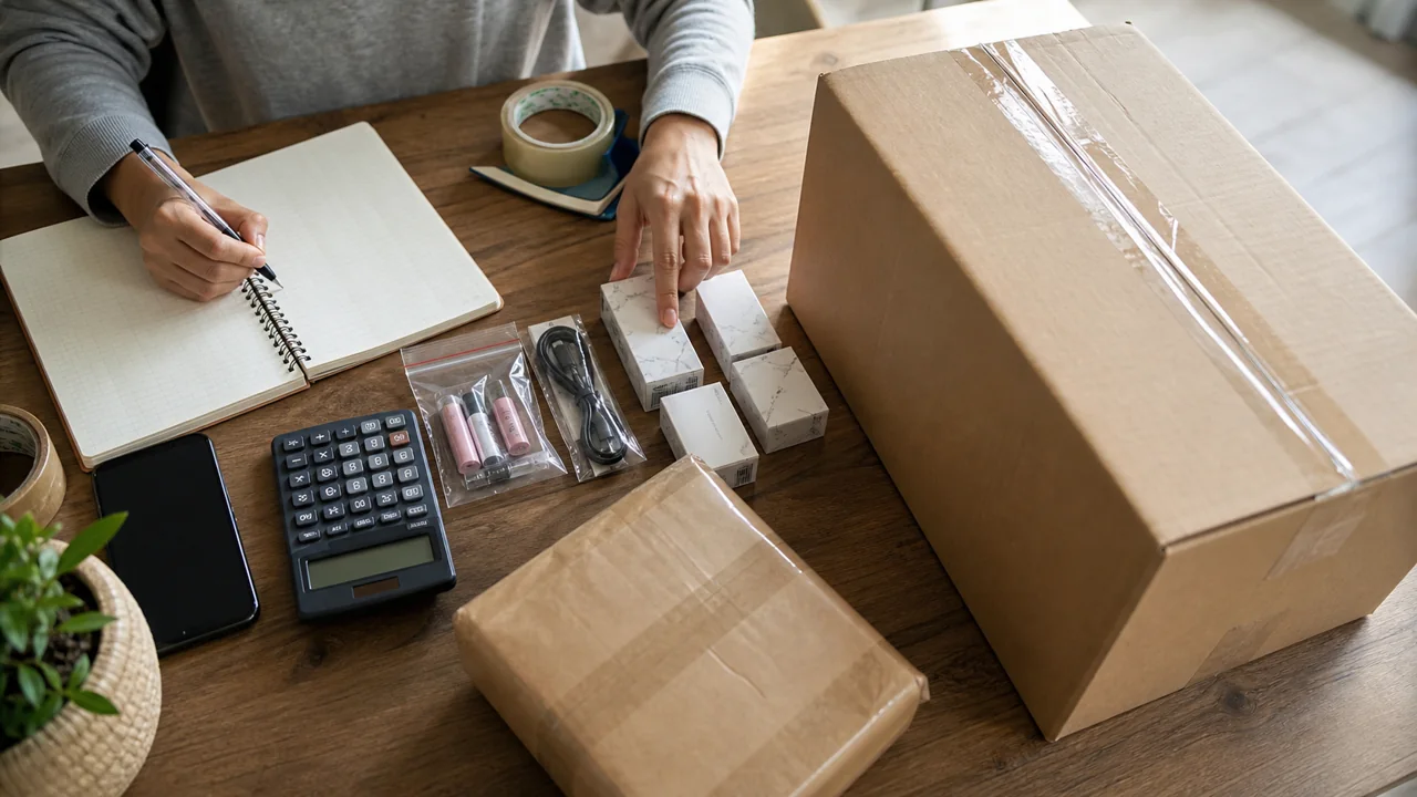 pedido pequeno separado de uma caixa maior sobre mesa de cálculo